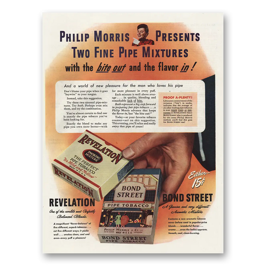 1945 Philip Morris Two Fine Pipe Mixtures Revelation Bond Vintage Magazine Print Ad