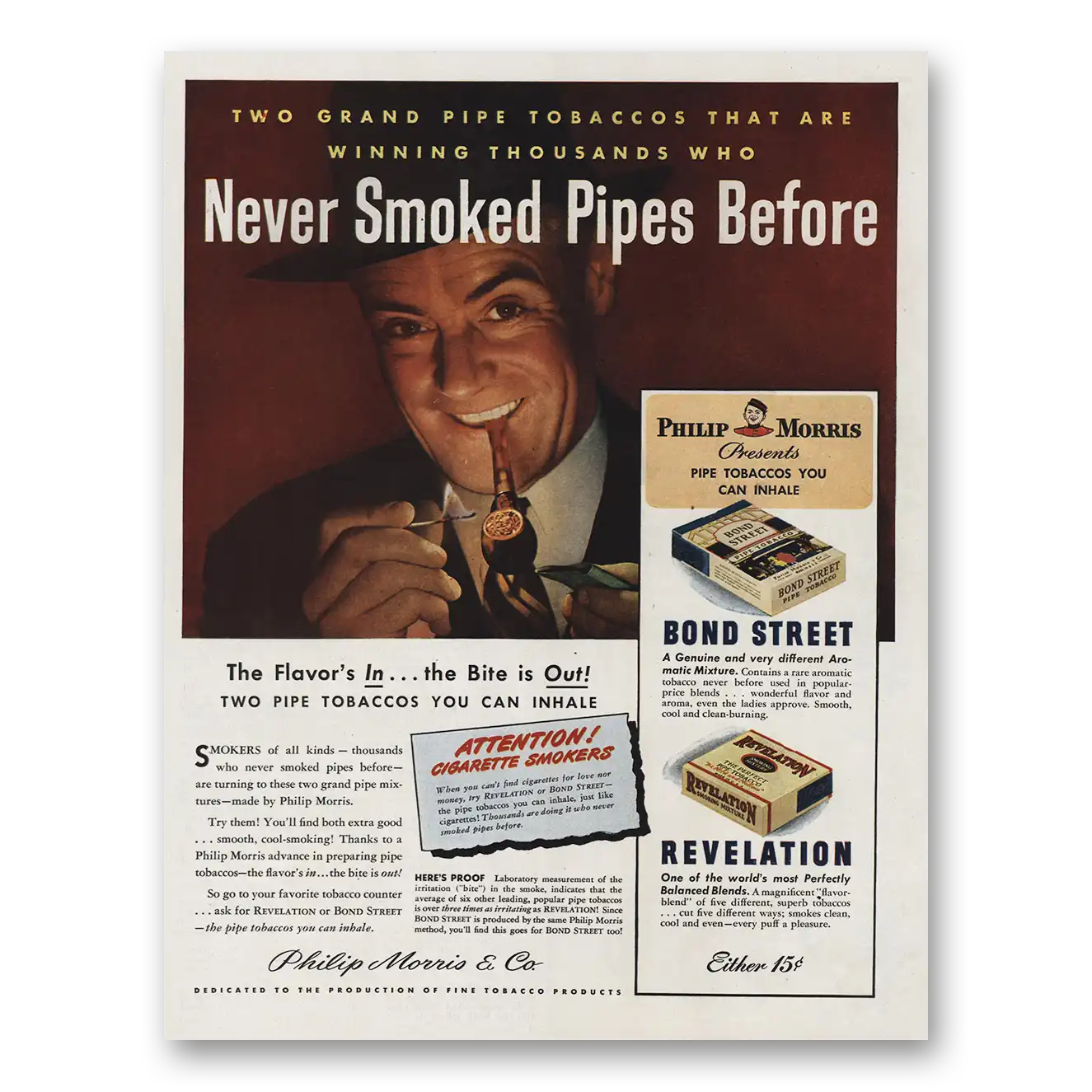 1945 Philip Morris Never Smoked Pipes Before Vintage Magazine Print Ad