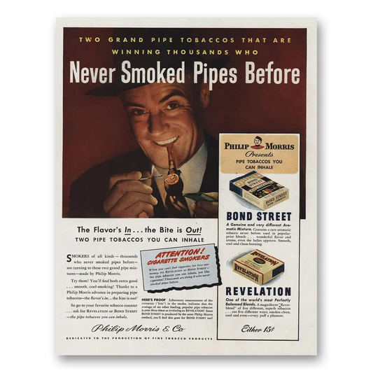 1945 Philip Morris Never Smoked Pipes Before Vintage Magazine Print Ad