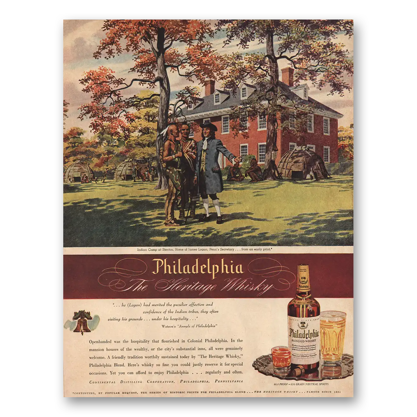 1945 Philadelphia Blended Whisky Indian Camp Vintage Magazine Print Ad