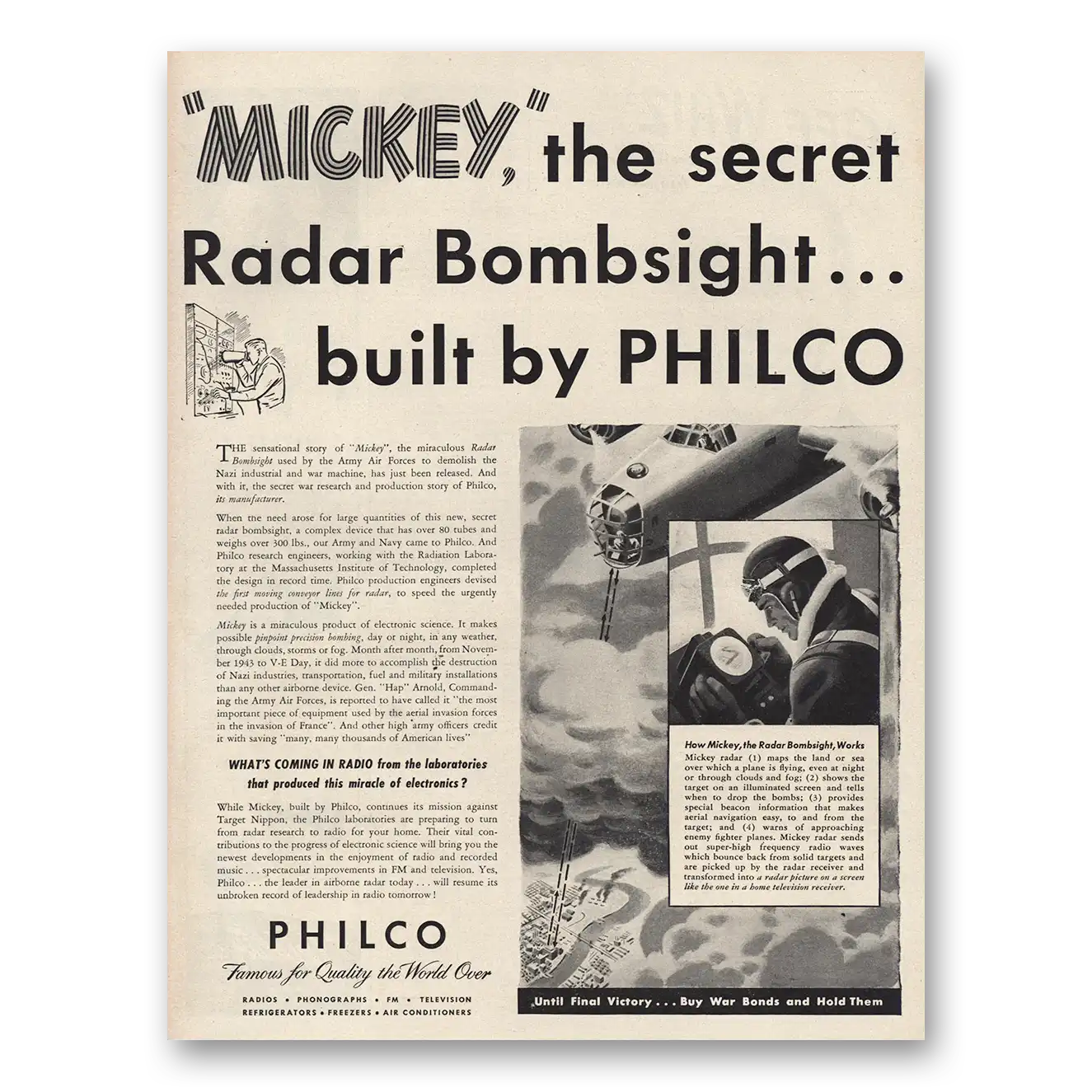 1945 Philco Radio Mickey Secret Radar Bombsight Vintage Magazine Print Ad