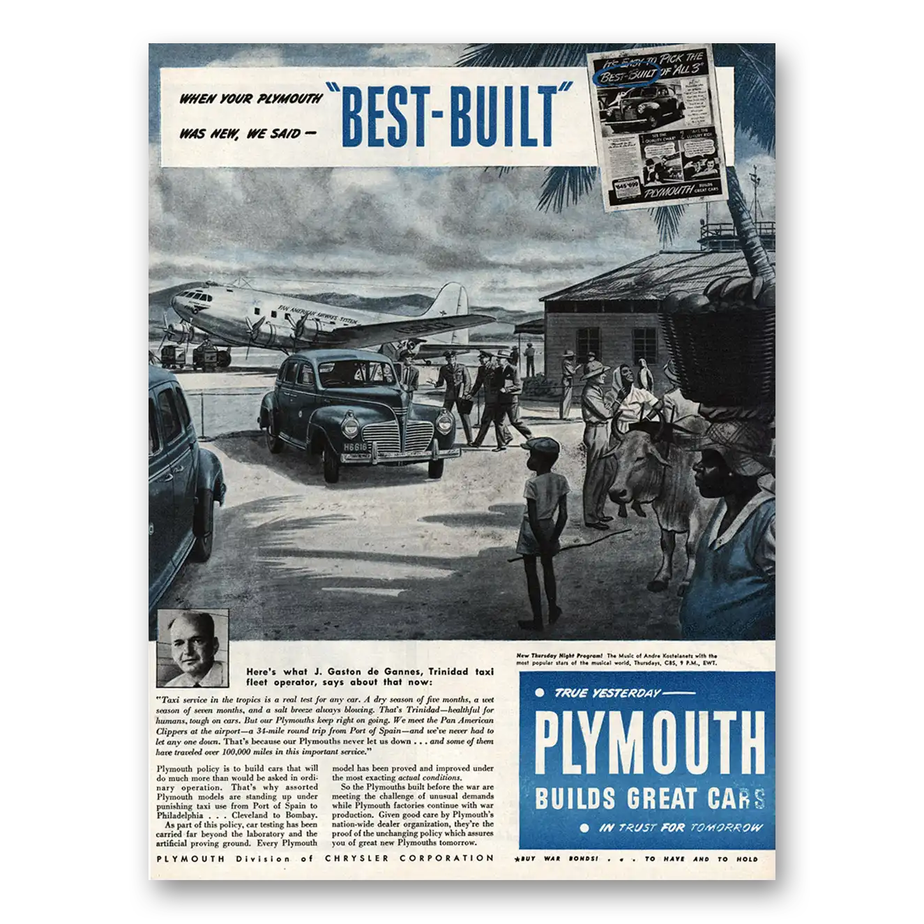 1945 Plymouth J Gaston de Gannes Trinidad Vintage Magazine Print Ad