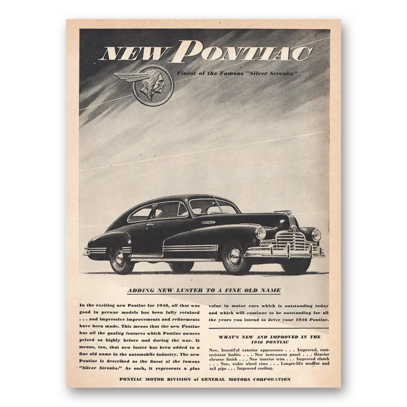 1945 Pontiac Silver Streak Adding New Luster Fine Old Name Vintage Magazine Print Ad