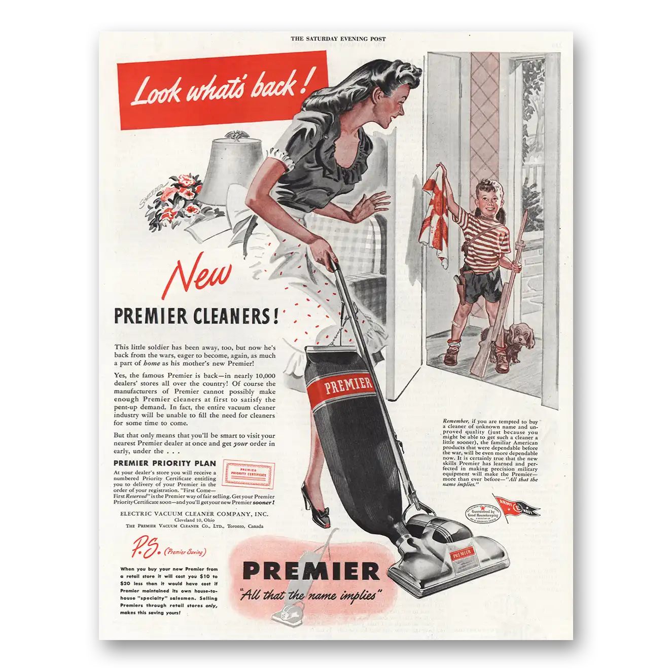 1945 Premier Vacuum Cleaners Look Whats Back Vintage Magazine Print Ad