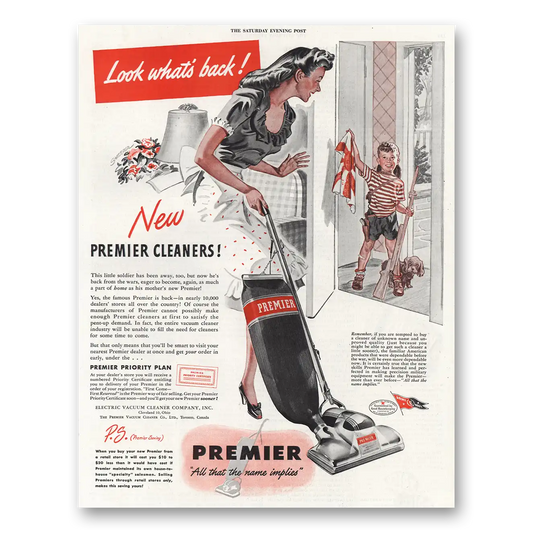 1945 Premier Vacuum Cleaners Look Whats Back Vintage Magazine Print Ad