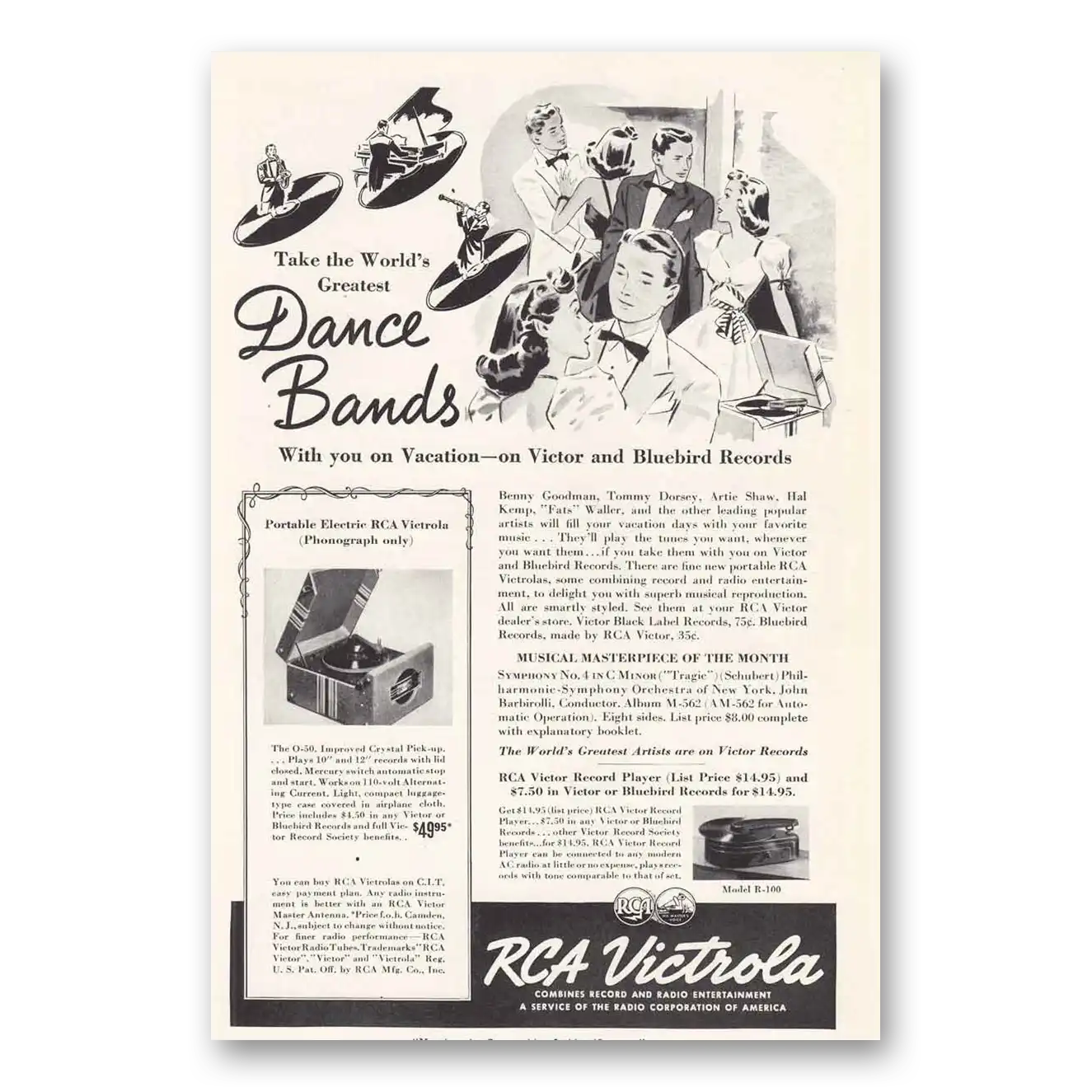 1945 RCA Victor Phonograph Victrola Dance Bands Victor and Bluebird Records Vintage Magazine Print Ad