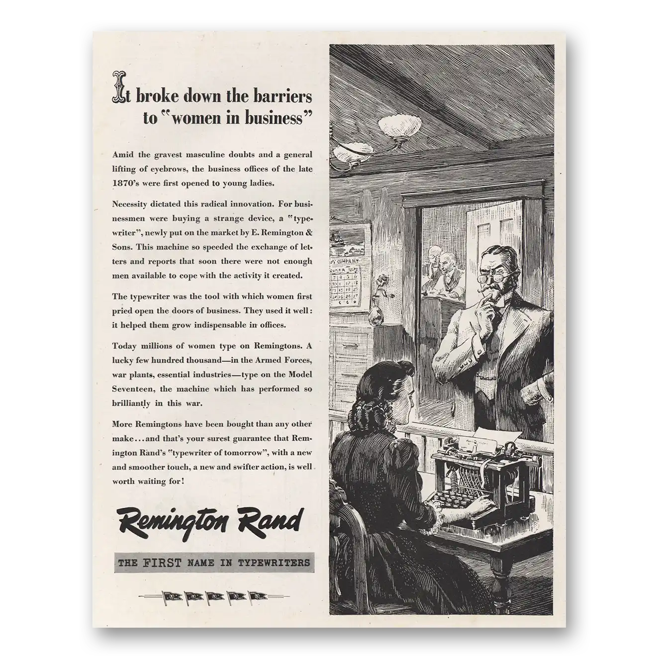 1945 Remington Rand Broke Down Barriers Women In Business Vintage Magazine Print Ad