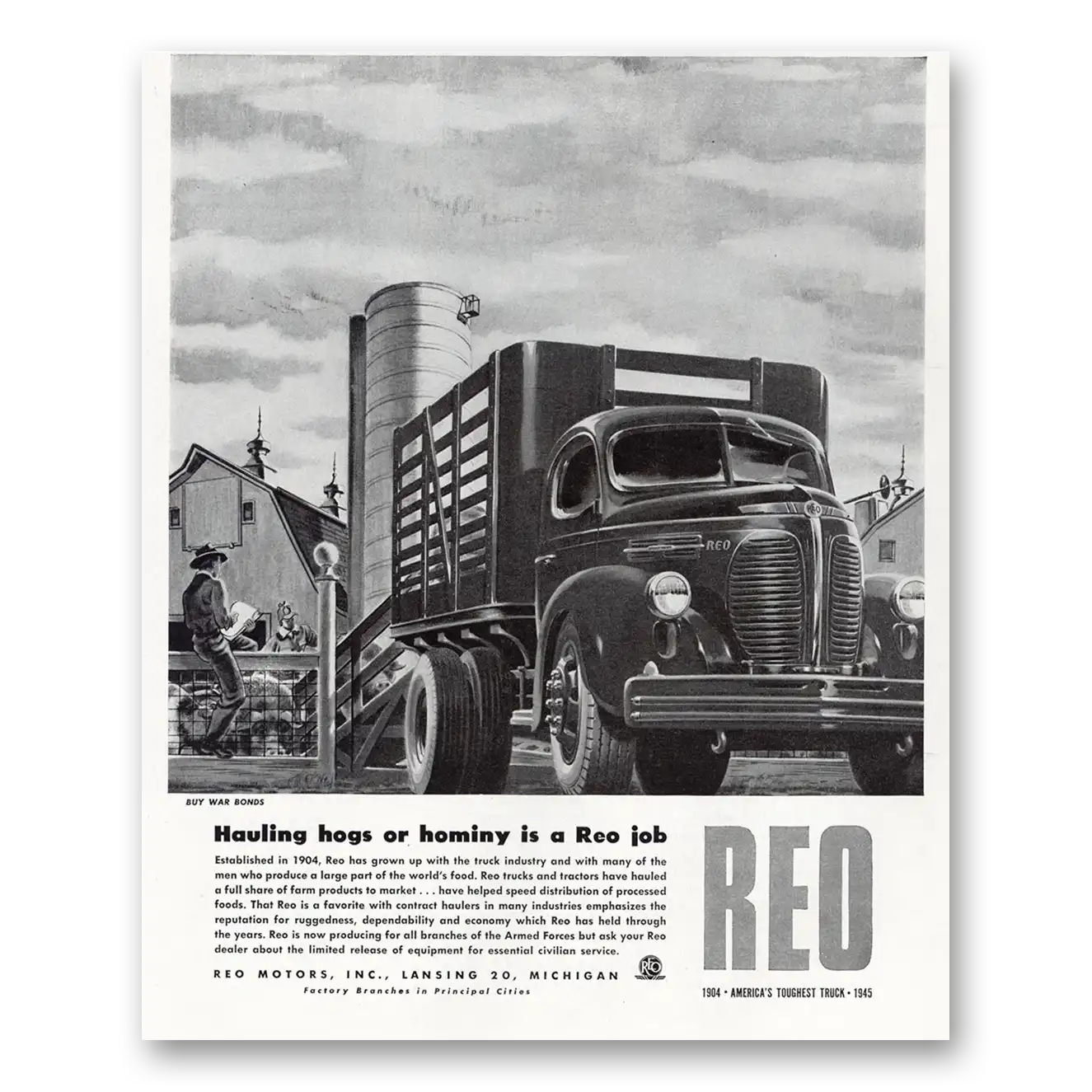 1945 Reo Trucks Hauling Hogs or Hominy Vintage Magazine Print Ad