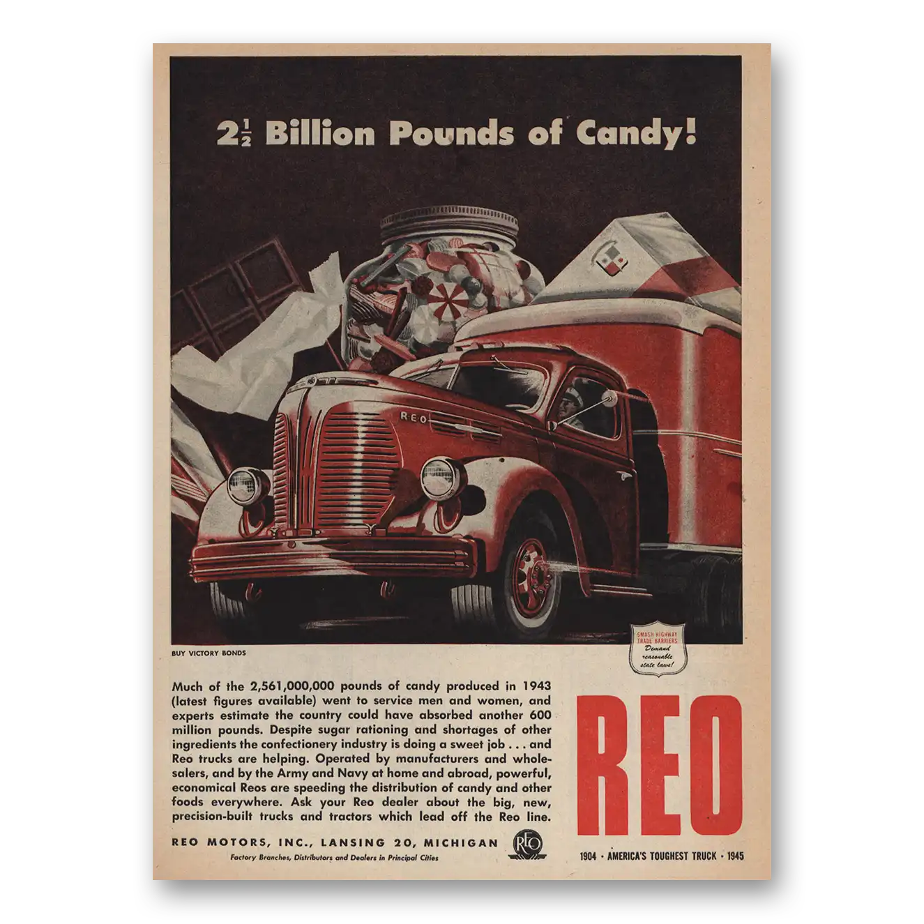 1945 Reo Trucks Billion Pounds of Candy Vintage Magazine Print Ad