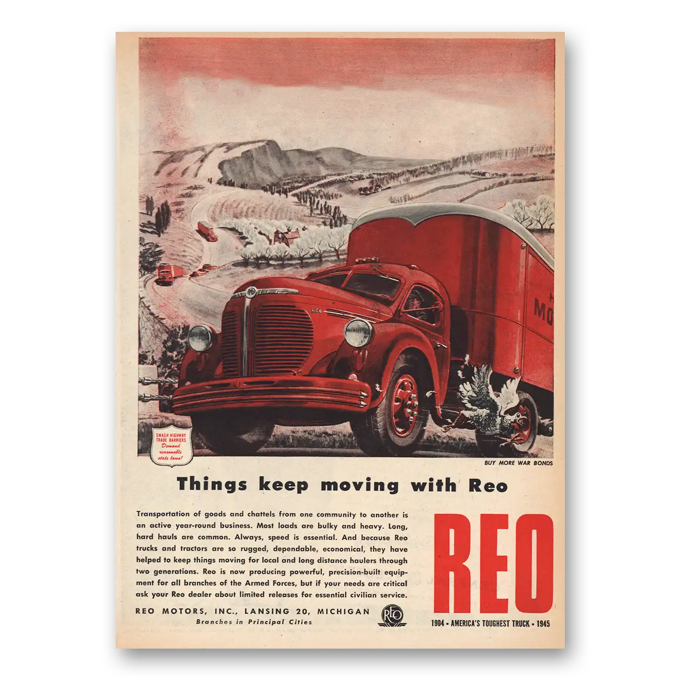 1945 Reo Trucks Things Keep Moving Vintage Magazine Print Ad