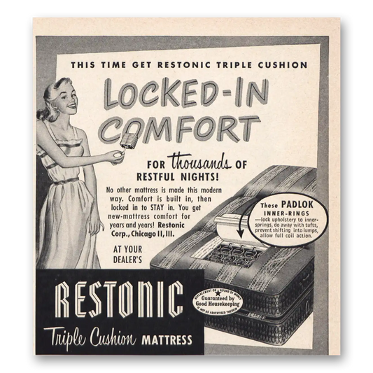 1945 Restonic Mattress Locked In Comfort Vintage Magazine Print Ad