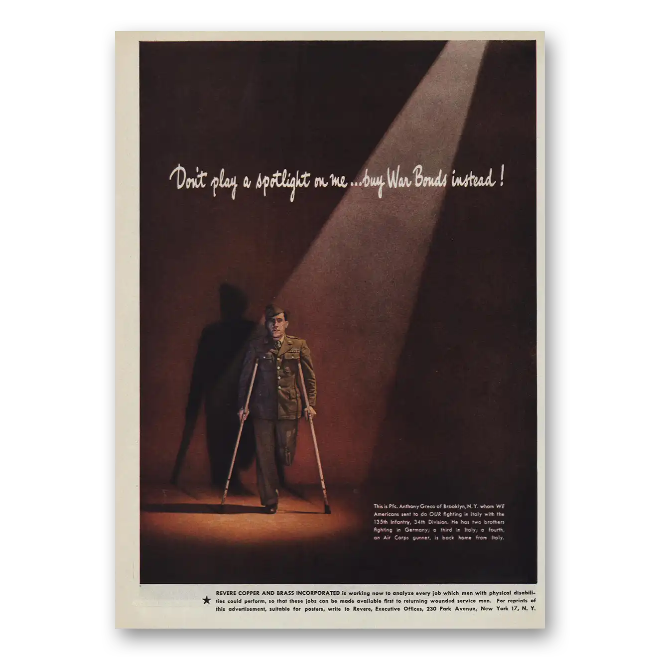 1945 Revere Copper + Brass Don’t Play a Spotlight Buy War Bonds Vintage Magazine Print Ad