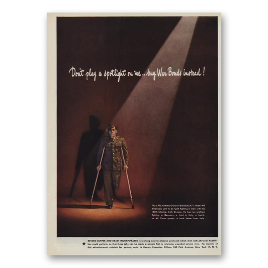 1945 Revere Copper + Brass Don’t Play a Spotlight Buy War Bonds Vintage Magazine Print Ad