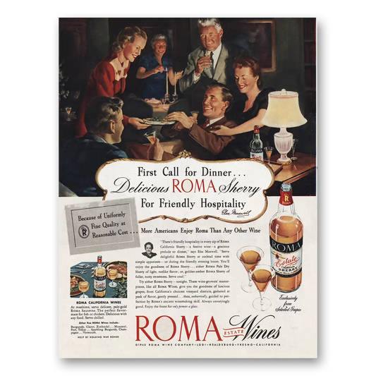 1945 Roma Wines First Call for Dinner Vintage Magazine Print Ad