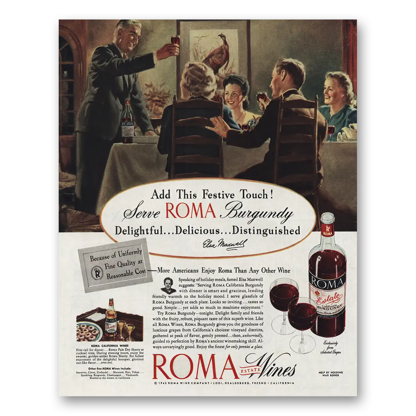 1945 Roma Wines Add This Festive Touch Vintage Magazine Print Ad