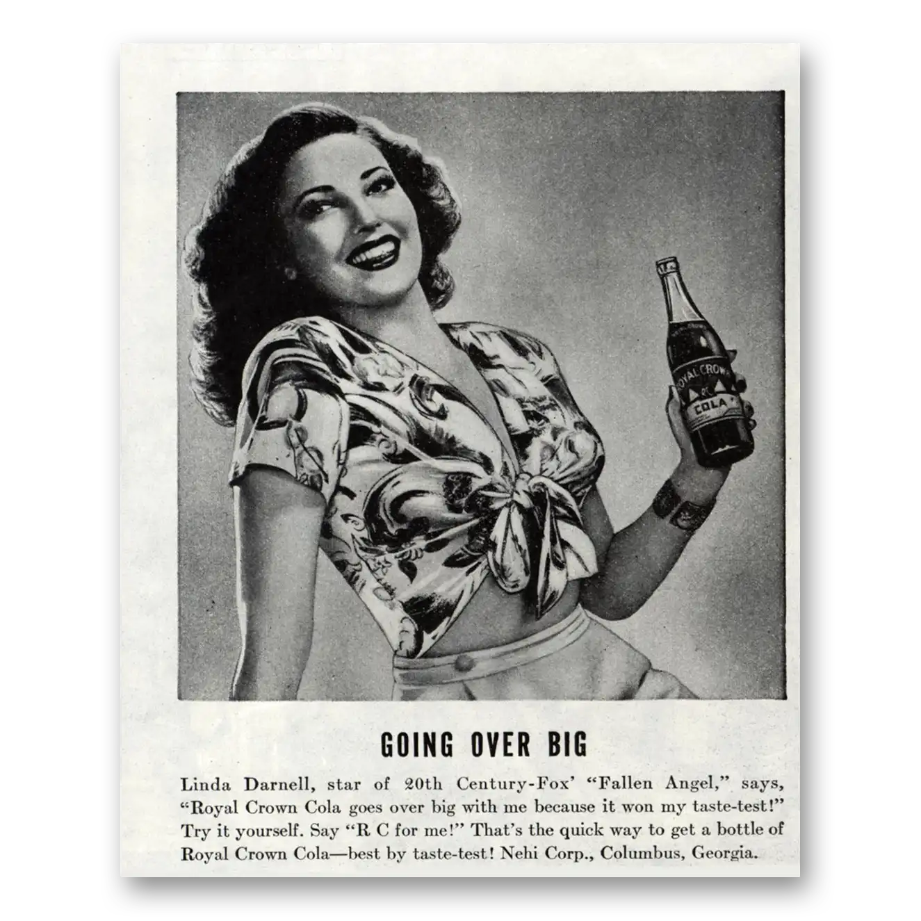 1945 Royal Crown Cola Linda Darnell Vintage Magazine Print Ad