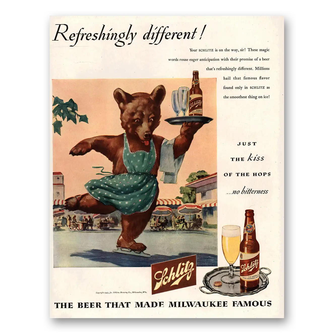 1945 Schlitz Beer Refreshingly Different Vintage Magazine Print Ad