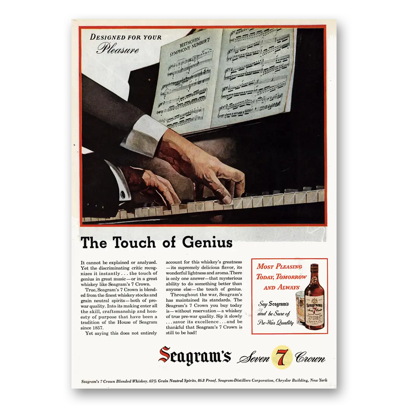 1945 Seagrams 7 Crown Whiskey Touch of Genius Vintage Magazine Print Ad