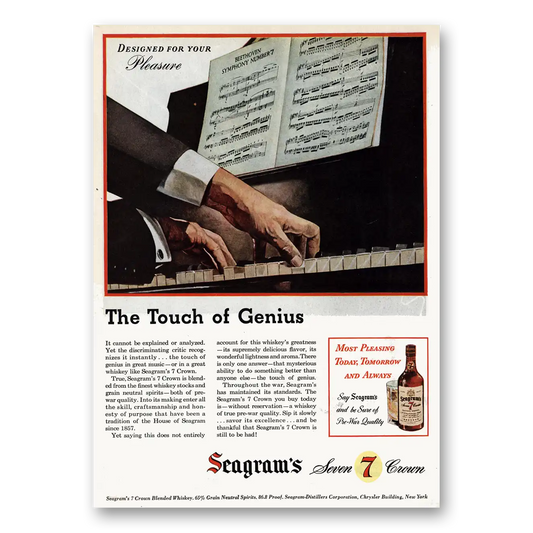 1945 Seagrams 7 Crown Whiskey Touch of Genius Vintage Magazine Print Ad