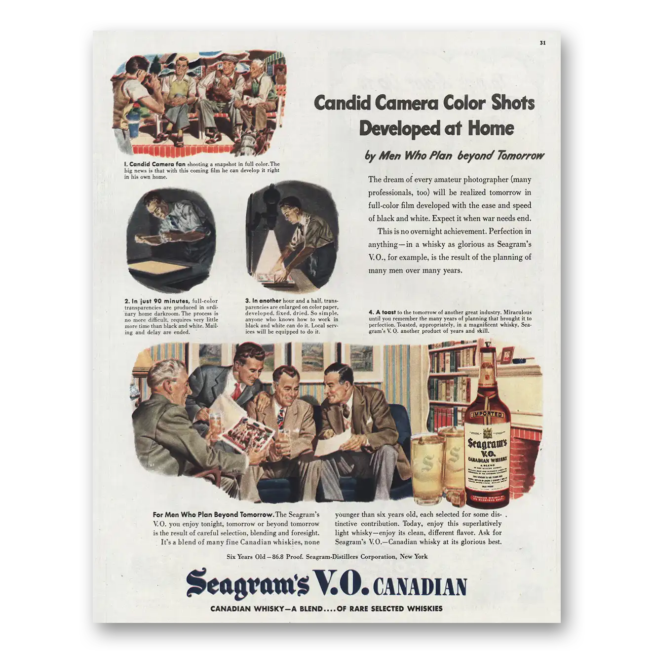 1945 Seagrams VO Whisky Candid Camera Color Shots Vintage Magazine Print Ad