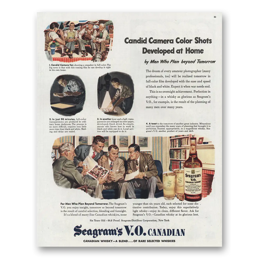 1945 Seagrams VO Whisky Candid Camera Color Shots Vintage Magazine Print Ad