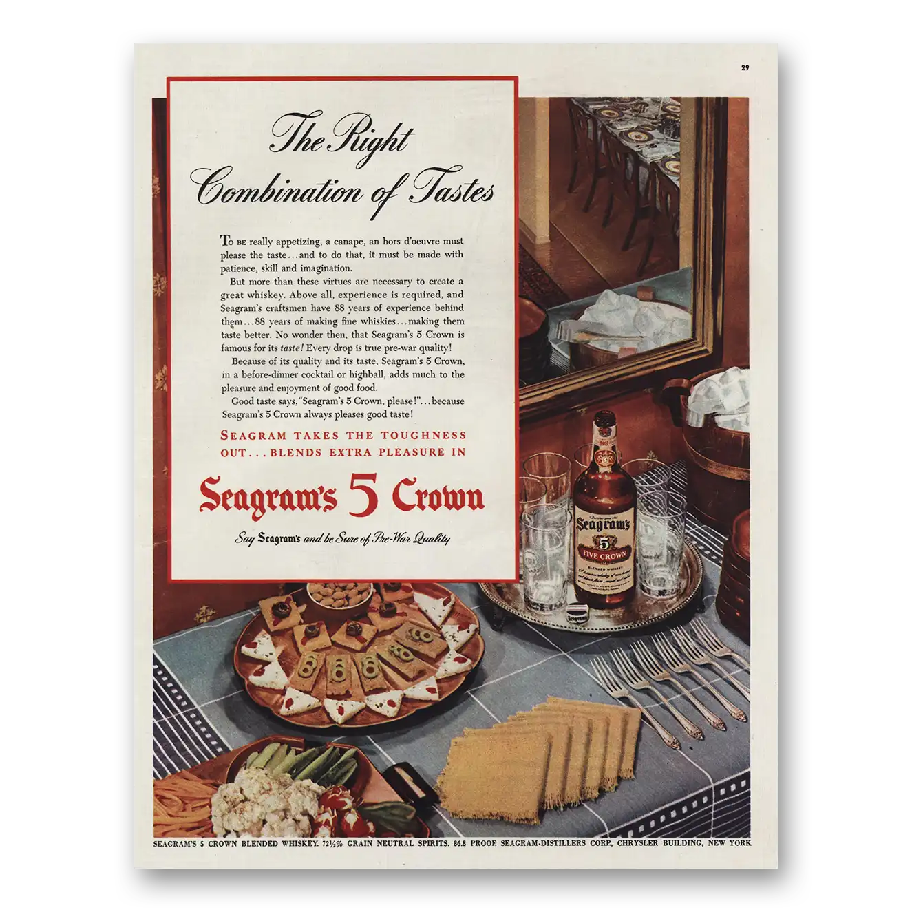 1945 Seagrams 5 Crown Whiskey Right Combination Vintage Magazine Print Ad