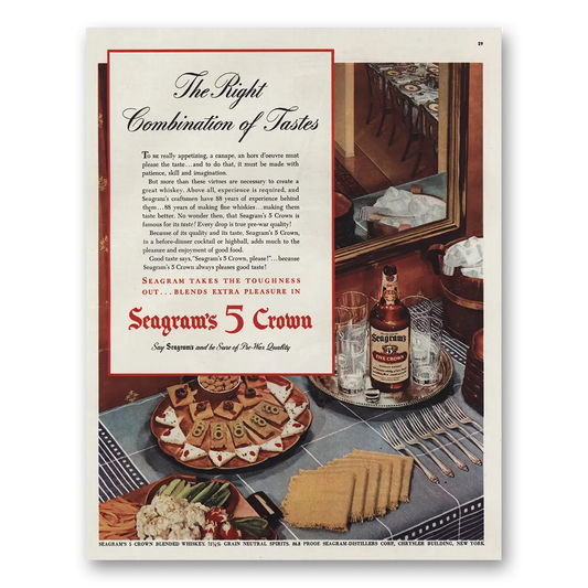 1945 Seagrams 5 Crown Whiskey Right Combination Vintage Magazine Print Ad