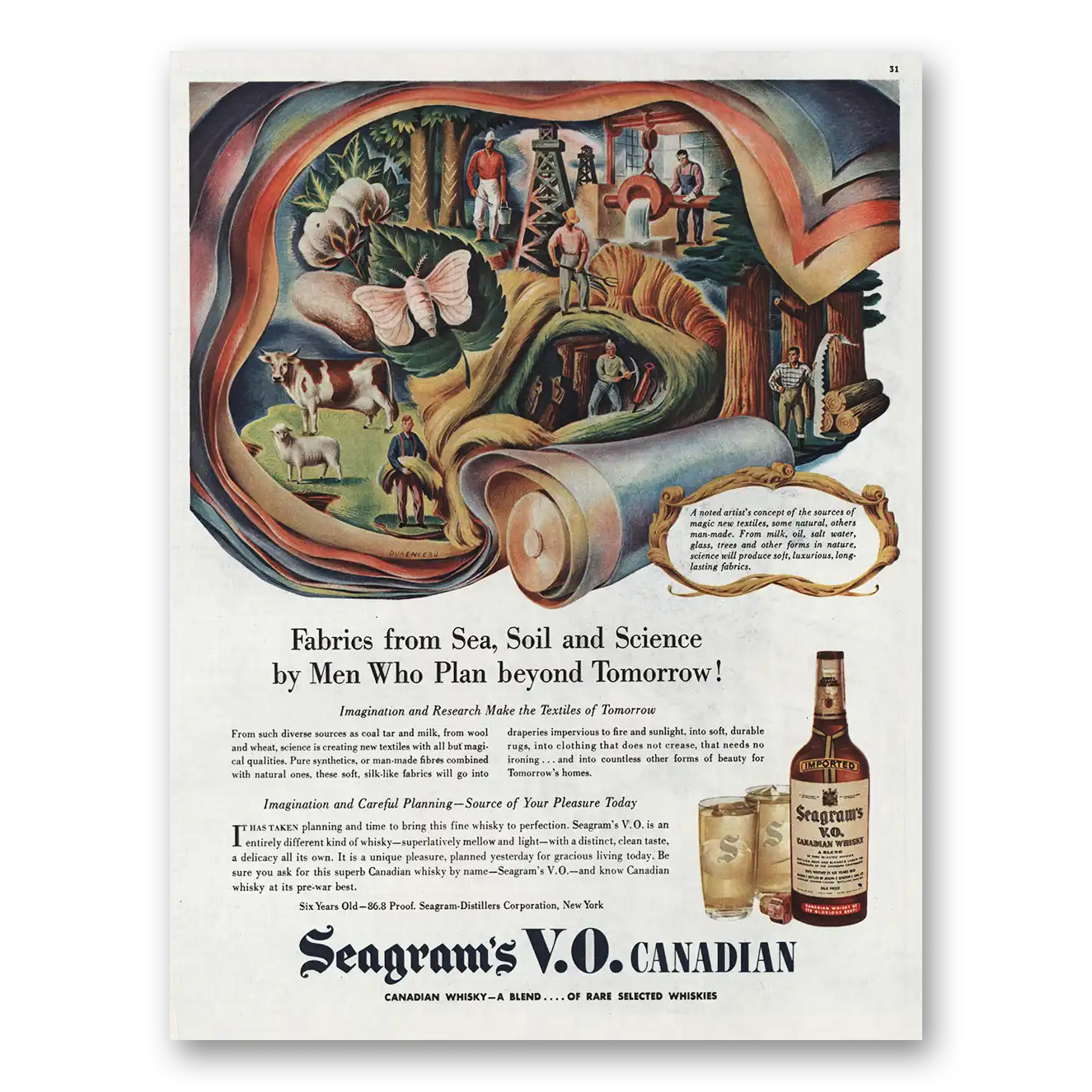 1945 Seagrams VO Whisky Fabrics From Sea Sail Science Vintage Magazine Print Ad