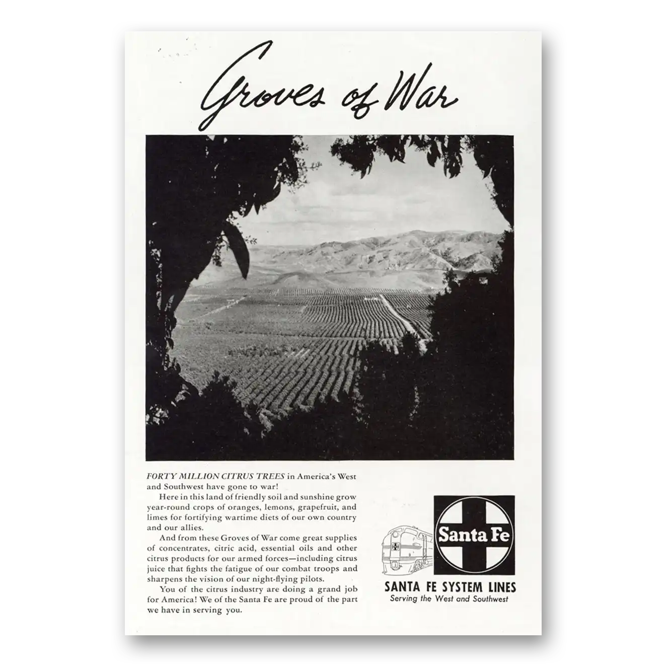 1945 Santa Fe Railway Lines Groves of War Vintage Magazine Print Ad