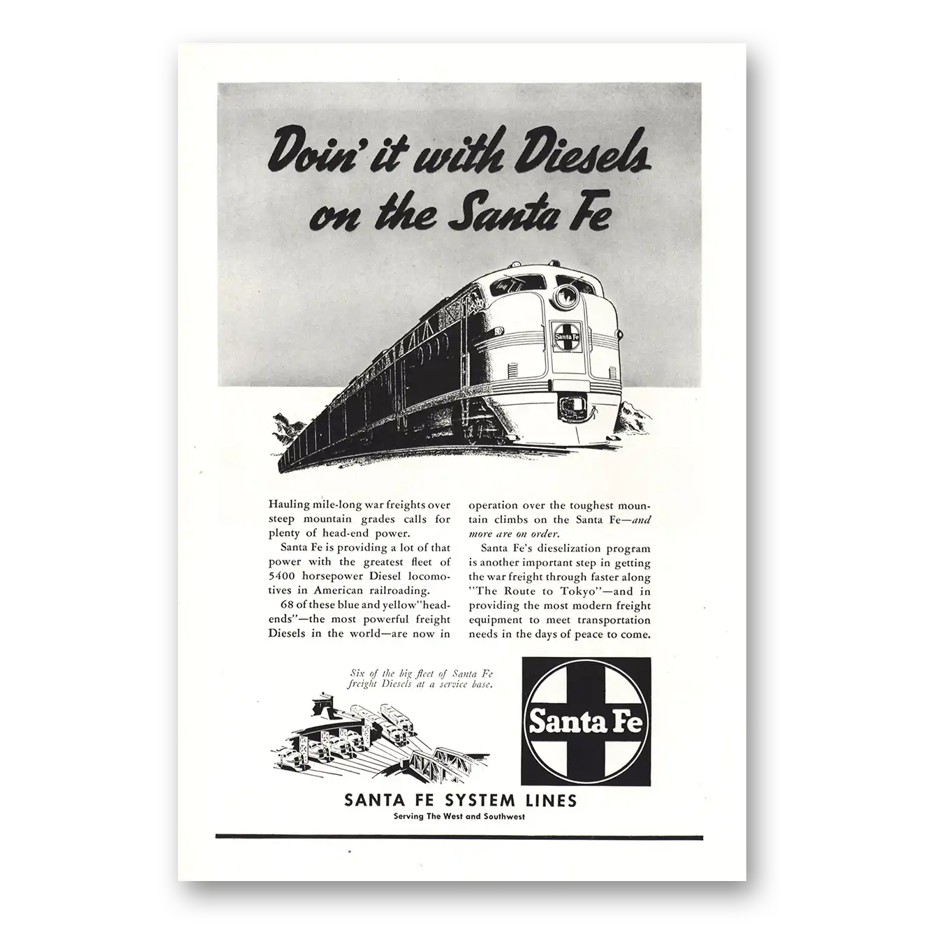 1945 Santa Fe Railway Doin It With Diesels Vintage Magazine Print Ad