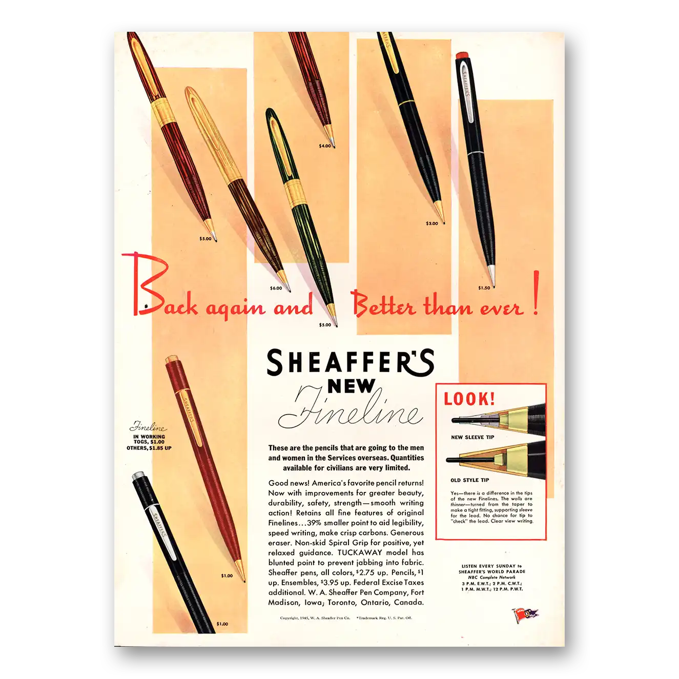 1945 Sheaffers Triumph Tuckaway Pen Fineline Pens Back Again Better Than Ever Vintage Magazine Print Ad