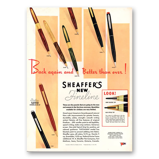 1945 Sheaffers Triumph Tuckaway Pen Fineline Pens Back Again Better Than Ever Vintage Magazine Print Ad