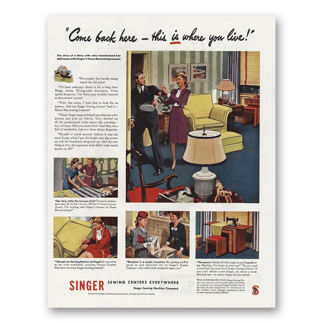 1945 Singer Sewing Centers Come Back  Here Vintage Magazine Print Ad