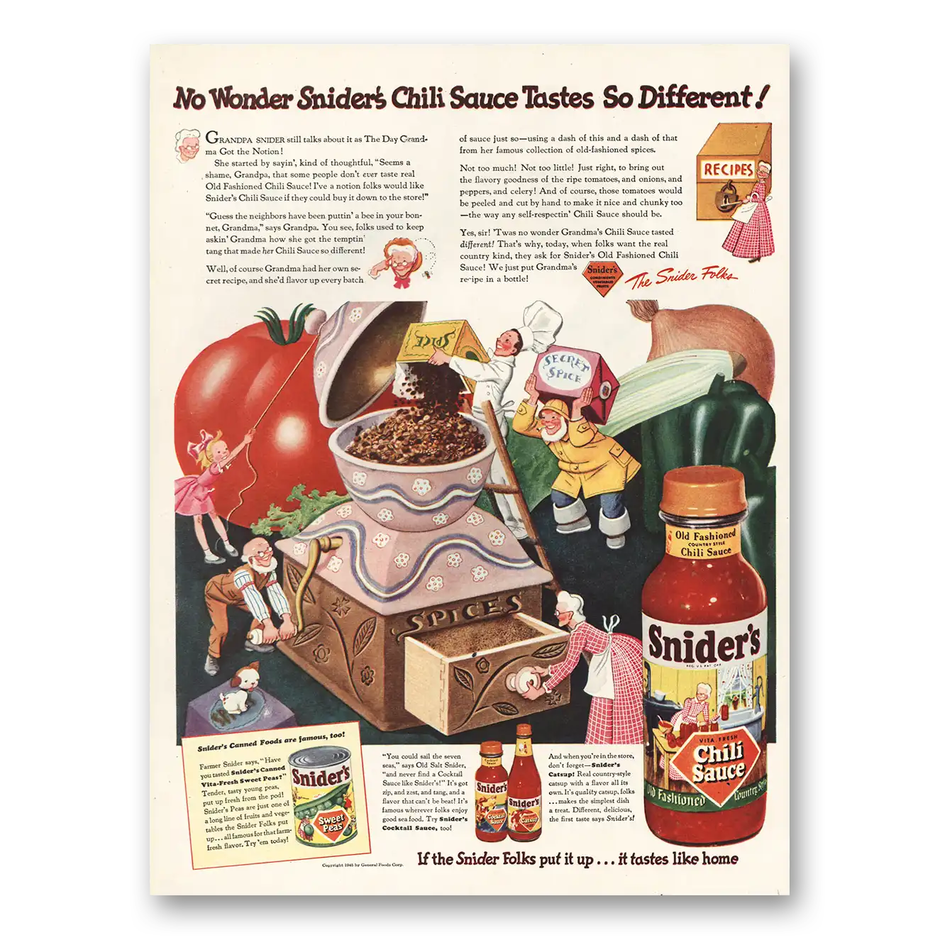 1945 Sniders Chili Sauce No Wonder Vintage Magazine Print Ad