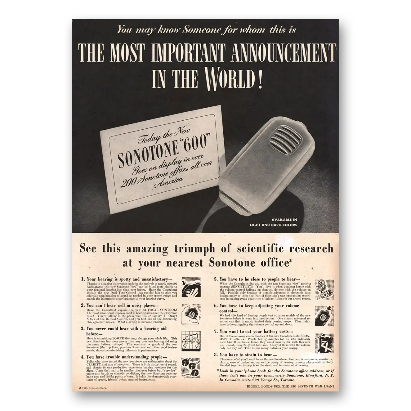 1945 Sonotone Hearing Aid Most Important Announcement Vintage Magazine Print Ad