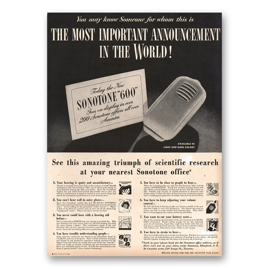 1945 Sonotone Hearing Aid Most Important Announcement Vintage Magazine Print Ad