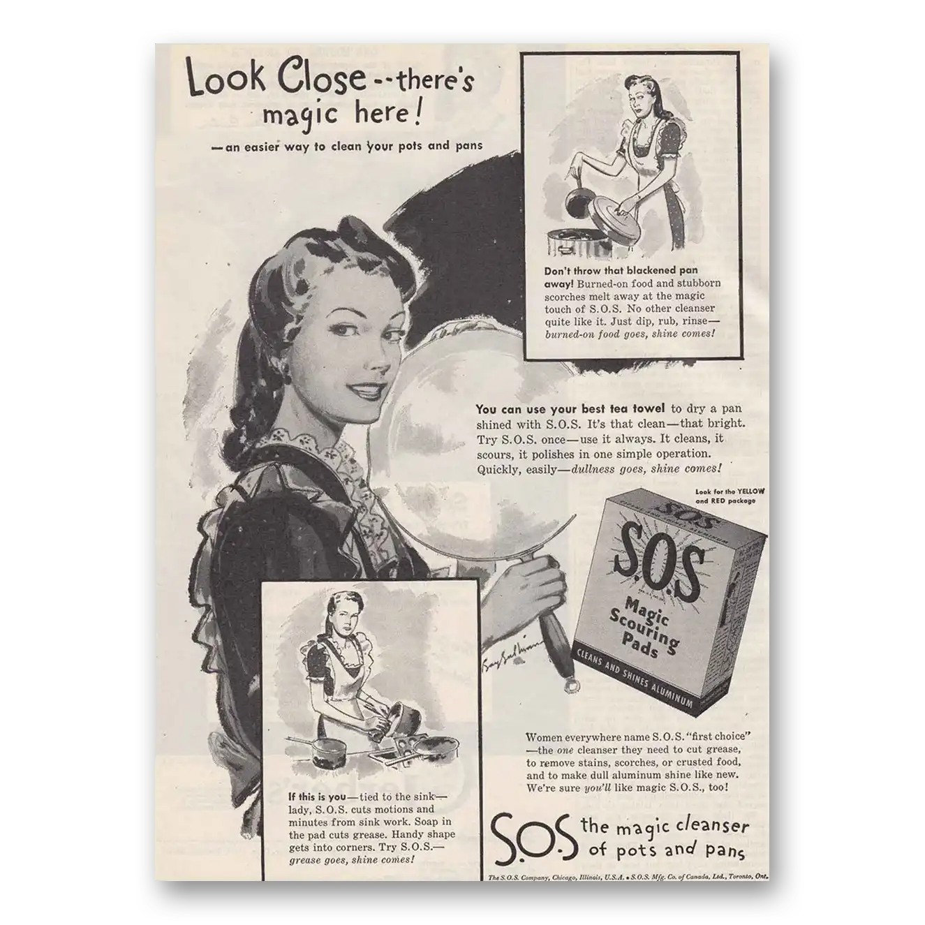 1945 SOS Scouring Pads Look Close Theres Magic Here Vintage Magazine Print Ad