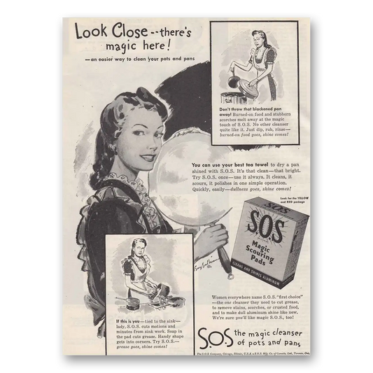 1945 SOS Scouring Pads Look Close Theres Magic Here Vintage Magazine Print Ad