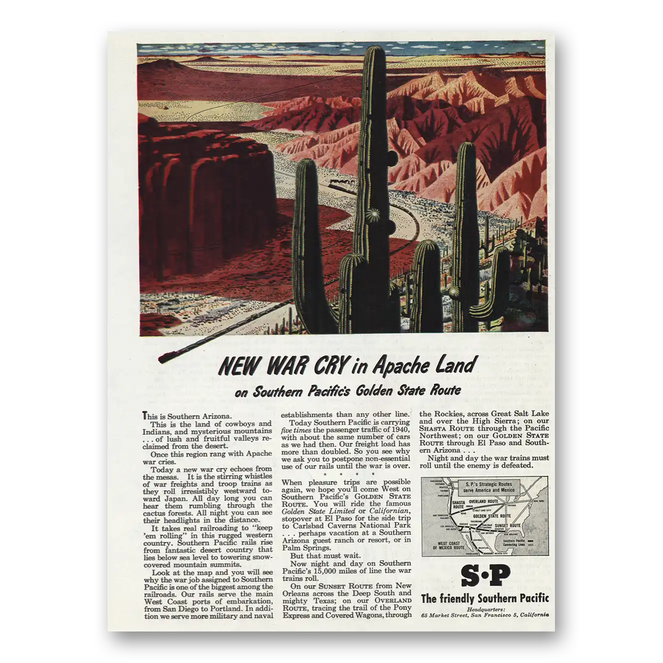 1945 Southern Pacific New War Cry Apache Land Vintage Magazine Print Ad