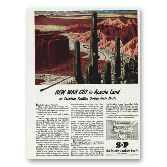 1945 Southern Pacific New War Cry Apache Land Vintage Magazine Print Ad