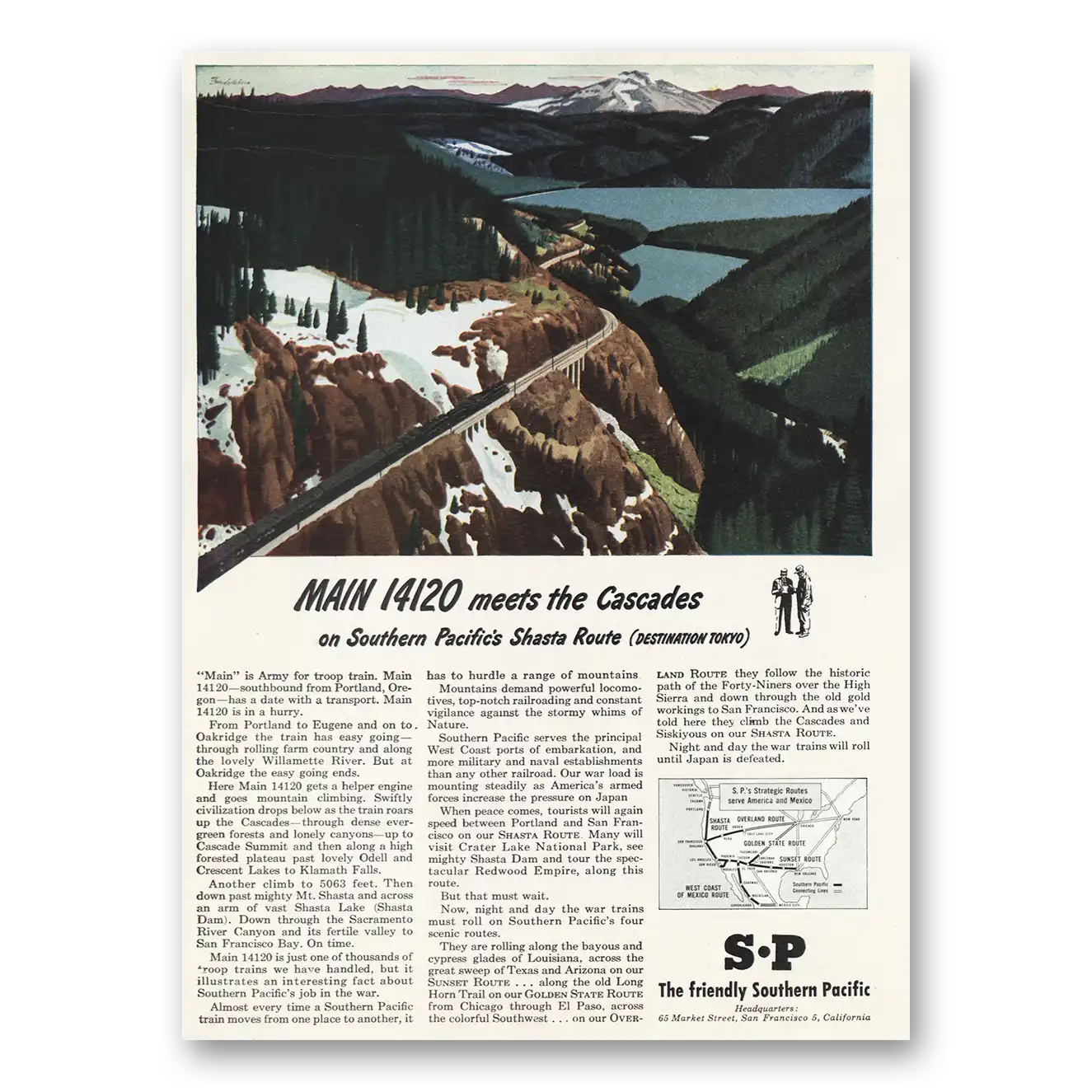 1945 Southern Pacific Main 14120 Meets the Cascades Vintage Magazine Print Ad