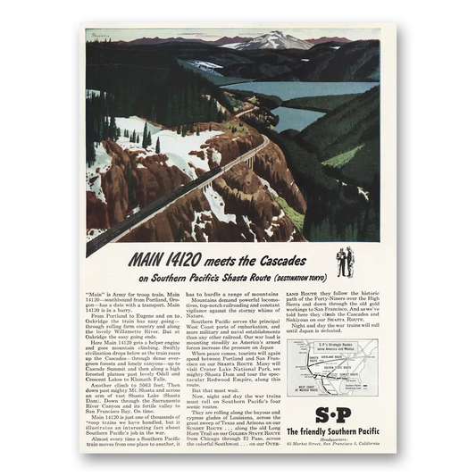 1945 Southern Pacific Main 14120 Meets the Cascades Vintage Magazine Print Ad