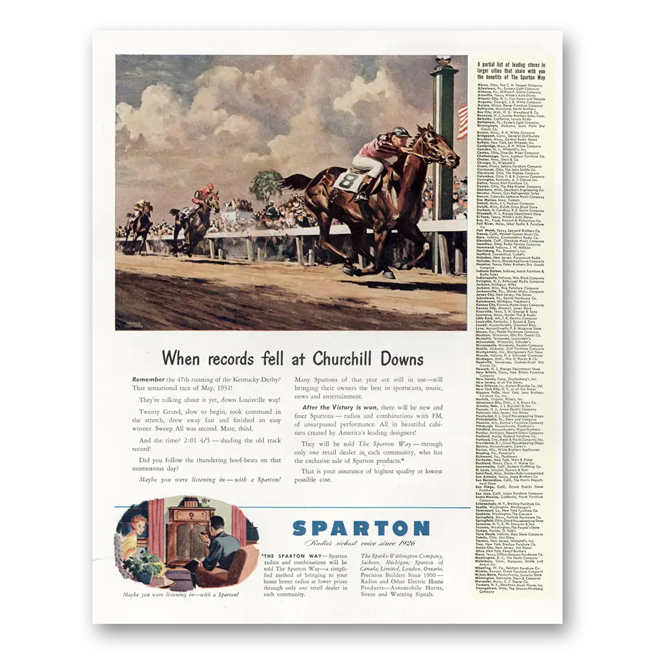 1945 Sparton Radio Television When Records Fell at Churchill Downs Vintage Magazine Print Ad