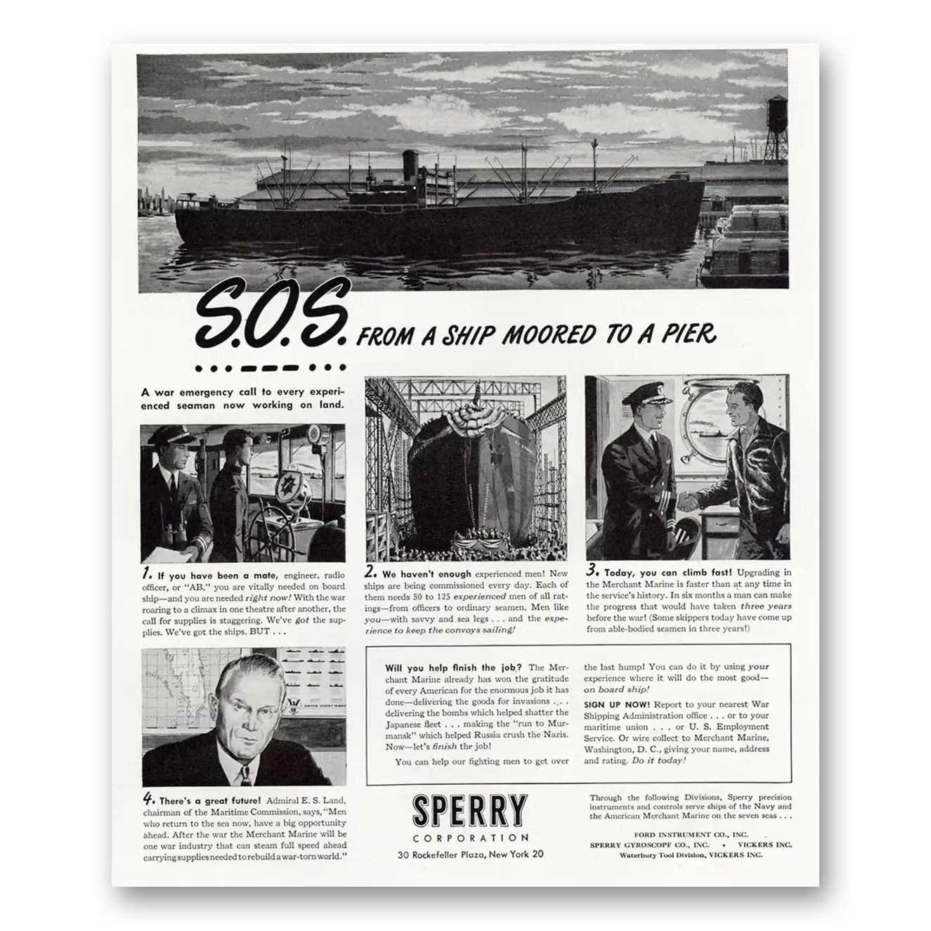 1945 Sperry SOS From a Ship Moored To a Pier Vintage Magazine Print Ad