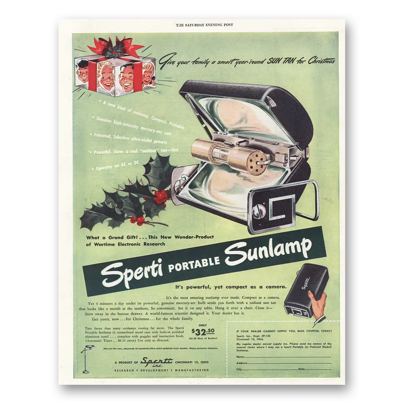 1945 Sperti Portable Sunlamp Sun Tan Christmas Vintage Magazine Print Ad