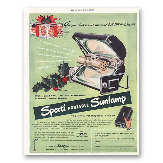 1945 Sperti Portable Sunlamp Sun Tan Christmas Vintage Magazine Print Ad