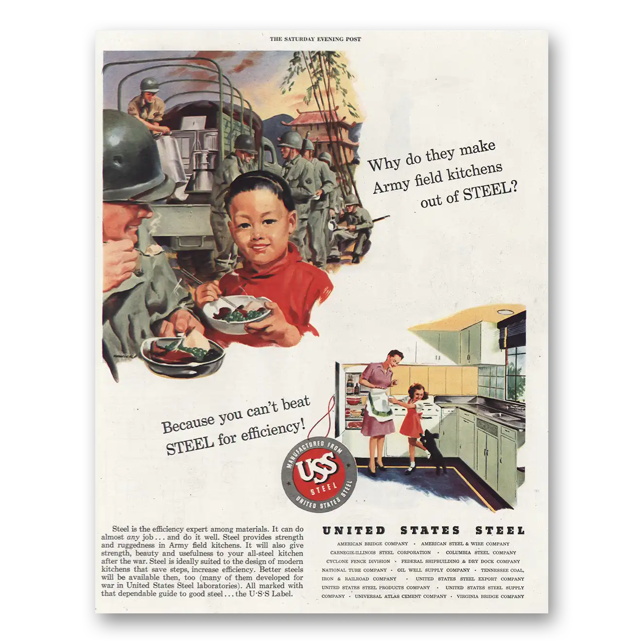 1945 United States Steel Army Field Kitchens Vintage Magazine Print Ad