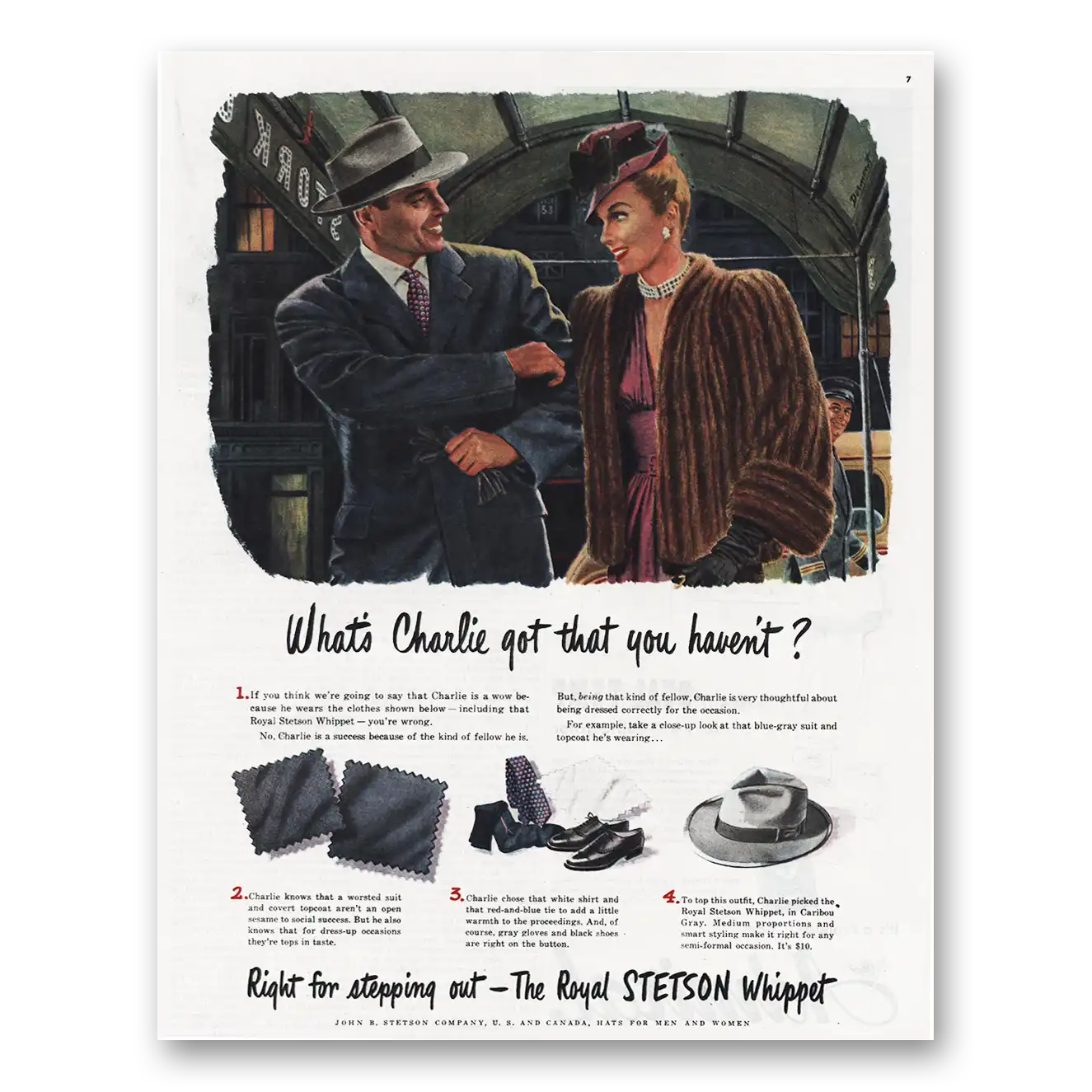 1945 Stetson Whats Charlie Got Vintage Magazine Print Ad