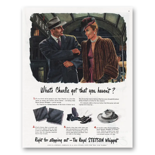 1945 Stetson Whats Charlie Got Vintage Magazine Print Ad