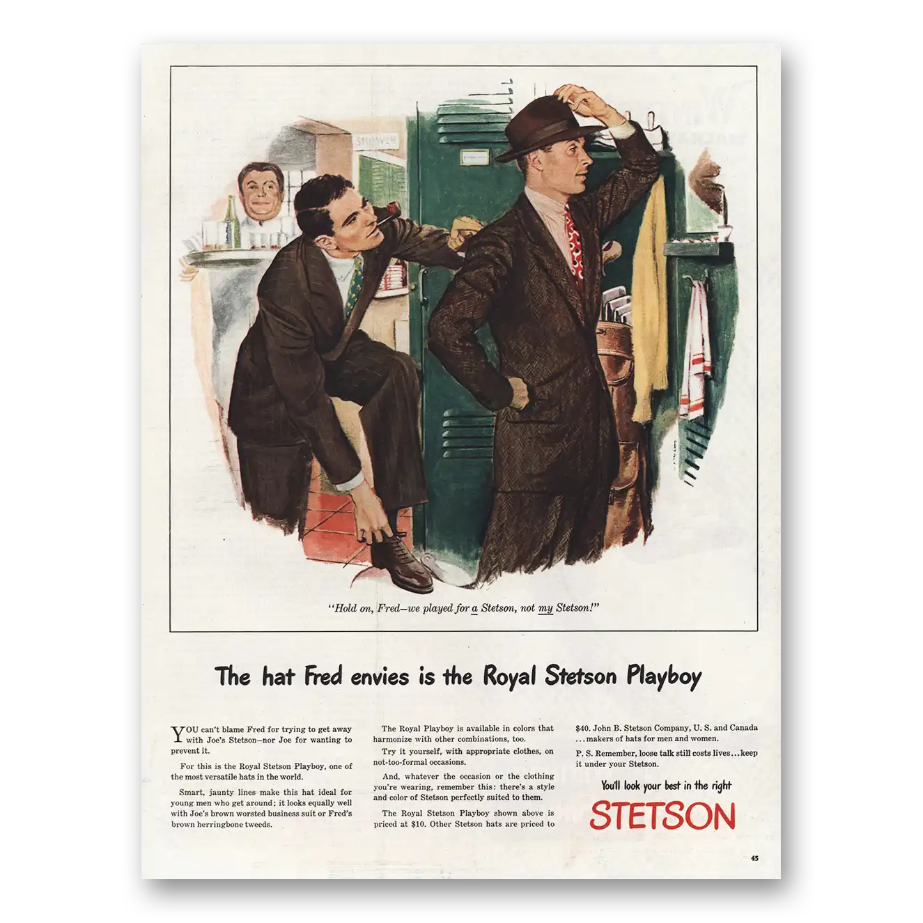 1945 Stetson Playboy Hat The Hat Fred Envies Vintage Magazine Print Ad